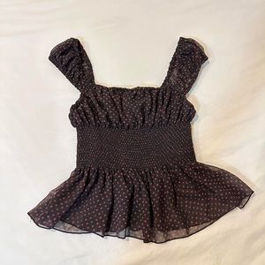 UO violet top
mesh peasant style top black with red dots, cropped, ruched waist